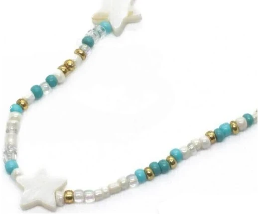 Collar con gancho y extension de acero quirurgico mostacillas colores, simil estrellas nacar 40cm + 